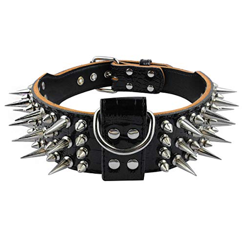 PET ARTIST 2' Wide Luxury Sharp Spiked Dog Collar, Durable Anti-Biting PU Leather Dog Collar for Medium Dogs, Black, M, Neck for 17-20'