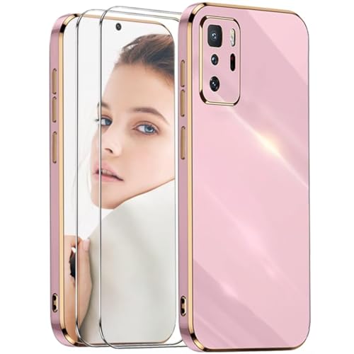 ATISIJIE Funda para XiaoMi Poco X3 GT/XiaoMi Note 10 Pro 5G,Antigolpes Carcasa Flexible de Silicona Suave con 2× Cristal Templado,Diseño Marco Dorado Cubierta Protectora-Púrpura