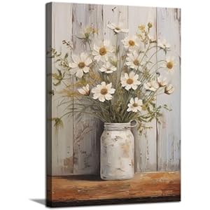 Rustic Farmhouse Daisy Canvas Wall Art Vintage Country Floral Wall Decor Picture Modern Flower Poster Print for Living Room Bedroom Bathroom Decoration 12x16in