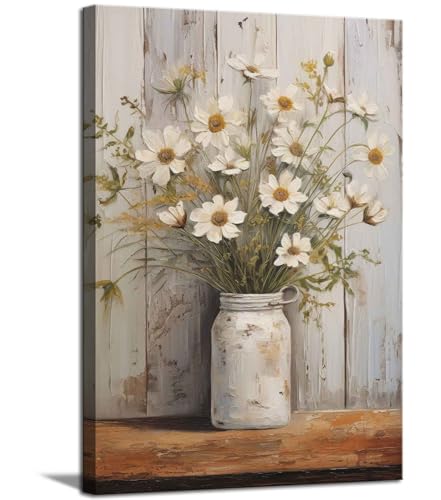 Rustic Farmhouse Daisy Canvas Wall Art Vintage Country Floral Wall Decor Picture Modern Flower Poster Print for Living Room Bedroom Bathroom Decoration 12x16in