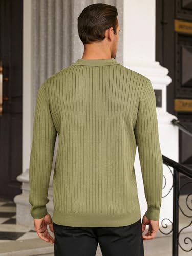 Hardaddy Men's Ribbed Knit Sweater Casual Long Sleeve Polo Sweater Collared V Neck Polo Shirts Solid Pullover Tops Army Green 3XL — view 4