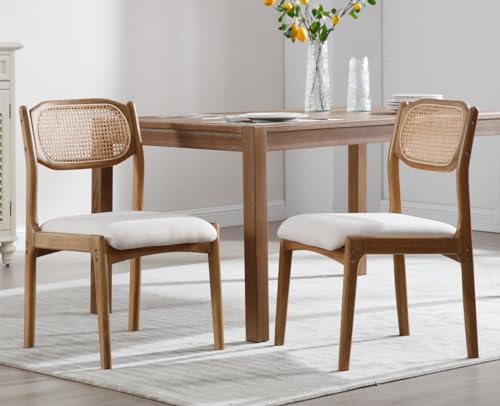 EALSON Mid Century Dining Chairs Set of 2, Beige Fabric Linen Upholstered Seater with Rattan Backs and Natural Wood Legs, Armless, for Dining Room/Kitchen/Restaurant Use