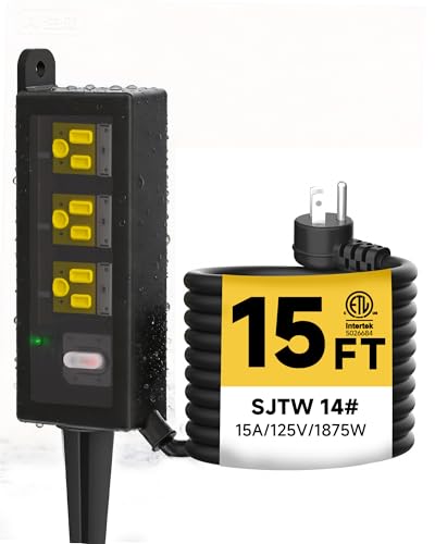 Image of Outdoor Extension Cord, 3 Wide Outlets, 1875W /15A, 15FT 14AWG Heavy Duty SJTW Power Strip with Surge Protector, All-Weather & IP66 Fully Waterproof, Ideal for Patio, Garden, Pool, RV, Black