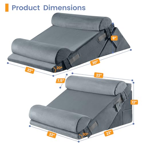 Image of Sasttie Wedge Pillow Set for After Surgery, 3PCS Adjustable Bed Wedge Pillow Headboard with Memory Foam Neck Cushion - for Acid Reflux, Sleeping, Neck & Back Support, Velvet & Dark Grey