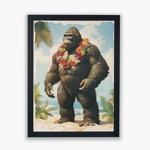 Gorilla debout tableau grand format encadré King Kong floral scène de plage décoration