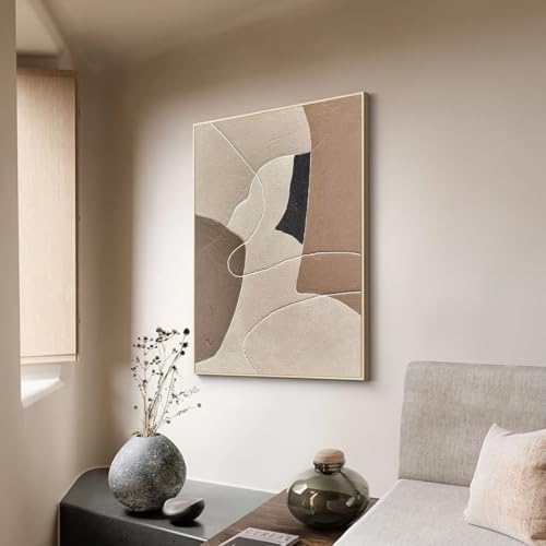 Tableau abstrait pour chambre cocooning toile beige et marron encadrée