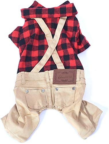 Companet Dog Overalls Pet Clothes Dog Outfits Jumpsuit Ombre Black/Red Plaid Shirt Top with Overalls Puppy Clothes Dog Costume Beige Jeans Pants Jumpsuit for Small Dog