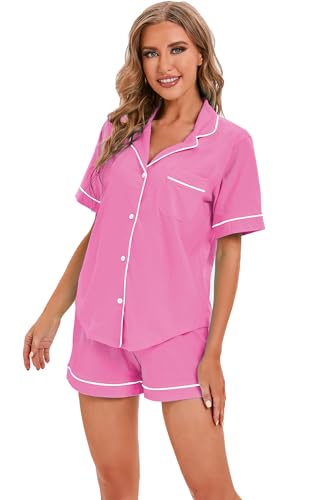Image of LUBOT 100% Cotton Pajamas for Women 2 Piece PJ Set Button-Down Soft Knit Short Sleeve Summer Sleepwear Loungewear XS-XXL