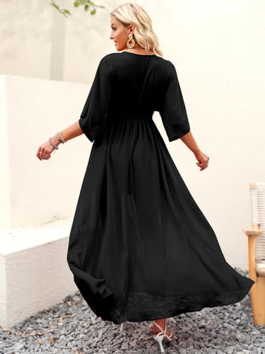 Image of ANRABESS Womens 1 /2 Sleeve Beach Wedding Guest Maxi Dresses 2026 Summer Wrap V Neck Boho Floral Flowy Slit Long Dresses