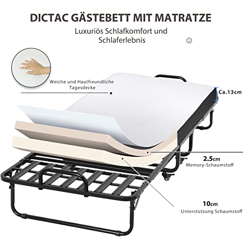 DICTAC Klappbett 90x200cm Erwachsene mit ca.13CM Matratze aus Gedächtnisschaum Gästebett Klappbar Metallrahmen Klappbetten mit Rollen Reisebett Faltbares Metallbett Stabil bis 200 kg belastbar