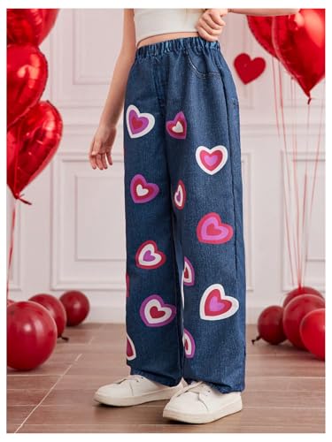 WDIRARA Girl's Heart Print Elastic Waist Jeans Straight Leg Cute Denim Pants4