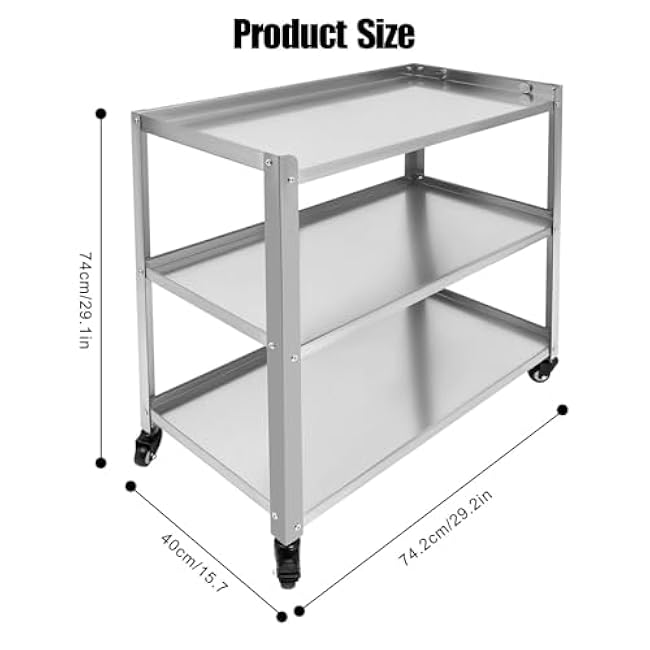 Stainless Steel Table with Wheels, 3-Tier Rolling Cart, Stainless Steel Kitchen Trolley Cart | 300lbs Load Capacity | 4 Universal Wheels | Silver | 31X16X34in-ITUbh1Mh