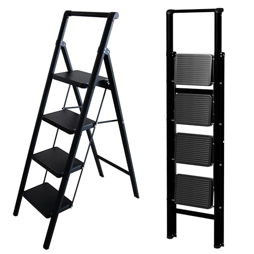 UABA Escalera Plegable 4 peldaños Negra, Ligera y compacta, peldaños Anchos Antideslizantes, certificada EN 131