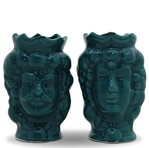 100% Artigianale Teste di moro coppia in porcellana di Capodimonte uomo donna verde petrolio statua re e regina 11 cm diffusore per ambienti artigianale fatto a mano originali personalizzabili