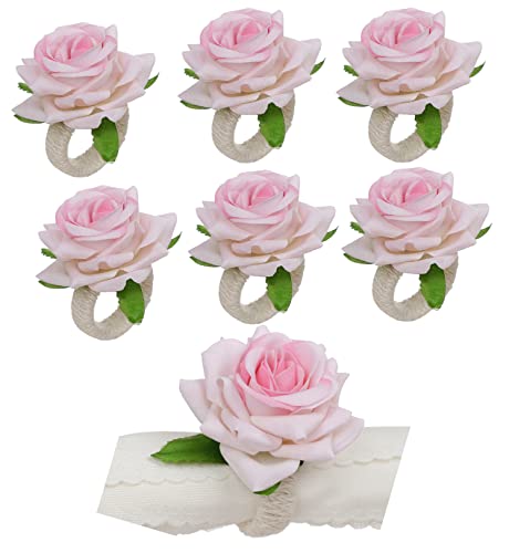 6Pcs Napkin Rings Rose Flower Napkin Ring Holders Bridal Napkin Buckle Dining Table Ring For Valentine's Day, Wedding, Anniversary, Holiday Party Dinner Decor Favor Pink #TOP6