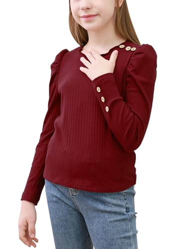 Image of GORLYA Girls Puffy Long Sleeve Casual Button Shirts Lettuce Trim Ribbed Knit Blouse Tee Tops 8-16Y