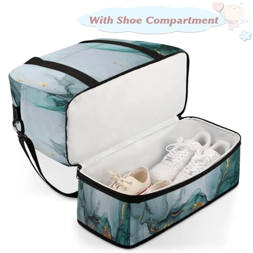 Marble Teal GreyTravel Duffel Bags for Women & Men Large Sports Gym Bags Foldie Weekender Overnight Bag Carry On Tote Bag With Shoe Compartment Personal Item Bag for Travel Sports Gym4