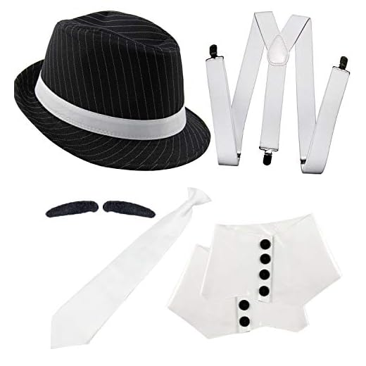 Foxxeo 35021 | Deluxe Gangster Set | Trouser Suspenders, Tie, Hat – Gaiters – Beard
