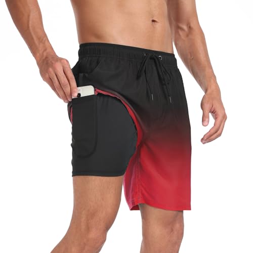Mens Swim Trunks with Compression Liner 7 inch Inseam Quick Dry 2 in 1 Beach Board Shorts with Pockets S-3XL