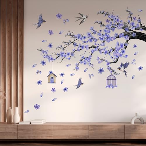 Autocollants muraux colibri, autocollants muraux amovibles en vinyle, oiseaux et fleurs violettes, autocollants muraux colibri sur une branche fleurie