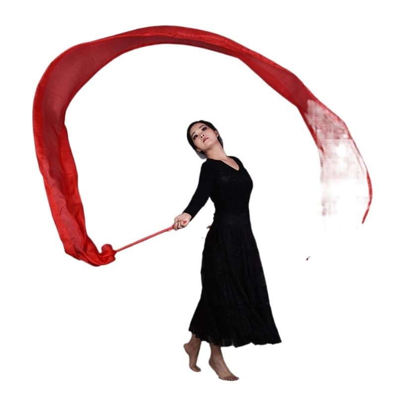 Tanzrequisiten, Tanz-Streamer, Seidenband-Wurfstreamer mit Stäben, rote Farbe, echter Seidenband-Streamer for Bühnenauftritte, Requisiten, Bauchtanz-Zubehör, Wurfstreamer, 4 m Länge