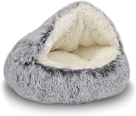 ShinHye Cat Bed Round Plush Fluffy Hooded Cat Bed Cave, Cozy for ...