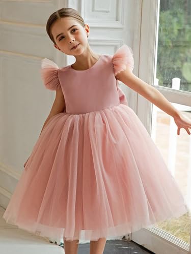 Tulle Flower Girl Dress for Wedding Puffy Satin Ruffle Sleeve Ball Gowns Tea Length Bow Knot Princess Dress2