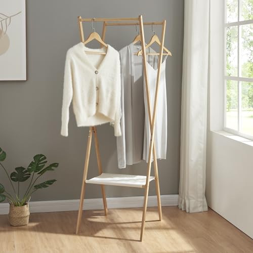 [en.casa] Portemanteau Pliable Portant à Vêtements avec 2 Barres de Penderie Porte-Vêtement pour Entrée Chambre Dressing Bambou Polyester 156 x 50 x 57 cm Naturel Blanc