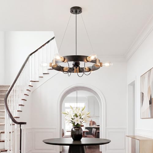 Image of 6-Light Wagon Wheel Chandelier, Black Gold Farmhouse Pendant Light | 21.4 Inch Industrial Pendant Light for Kitchen Island, Adjustable Hanging Height, Rust-Proof, ETL Certified, E26 Sockets