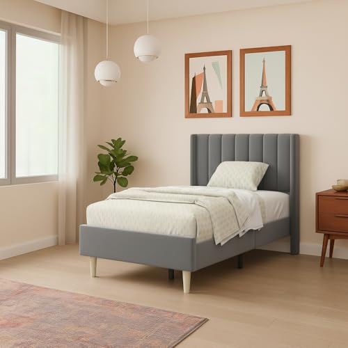 Image of Modern Upholstered Single Size Bed Without Storage | Single Size Bed for Bedroom with Headboard | Palang Furniture for Guest Room, Hotels and Home | Grey, (Grey)