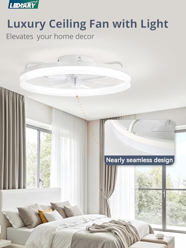 Image of LEDIARY Ceiling Fans with Lights, 20 inch Low Profile Flush Mount Ceiling Fan, Dimmable LED, APP & Remote Control, Quiet Reversible DC Motor, 6 Speeds, Fandelier for Bedroom, White
