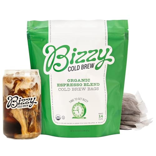 Bizzy Organic Cold Brew Coffee | Espresso Blend | Coarse Ground Coffee | Medium-Dark Roast | Micro Sifted | Specialty Grade | 100% Arabica | Brew Bags | 4 Count | Makes 14 Cups