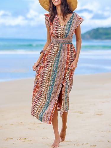 Image of CUPSHE Women's Maxi Dress V Neck Boho Multicolor Flutter Sleeve Smocked Slit A Line Summer Formal Dress