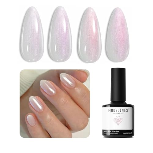 modelones Chrome Gel Nail Polish, Sheer Pearl Opal White Glitter Gel with Pink Iridescent Shimmer, Soak Off UV/LED Gel Polish for Nail Art, 28+ days Long-Lasting, High-Gloss Shine, 15ml ﻿