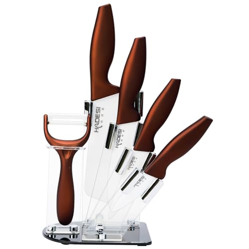 pantrytine Lot de 6 Professionnel Couteau Cuisine - Couteau Ceramique avec Bloc - pour Couper Fruits Légumes Viande (Rouge)