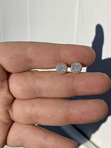 Real Solid 925 Sterling Silver - Men's Earrings - 14K Yellow Gold Plated - Iced Cz 1/3" Round Earrings Screw Backs - Hip Hop Flooded Out Studs Aretes #TOP3