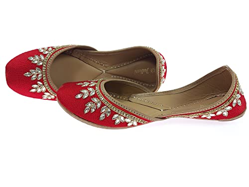 Image of Fulkari Women's Dolli Gold Genuine Soft Leather Embroidered Jutis | Bite and Pinch Free Jutti | Punjabi Formal Juttis | Girl's Wedding Flat Ladies Mojari | Formal Ethnic Juti |