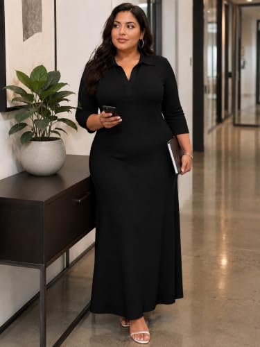 Image of PinkPatty Women's Casual 3 /4 Sleeve Polo V Neck Bodycon Maxi Dress | Semi formal, modest style, long fitted, versatile for church, work, business, office and daily wear