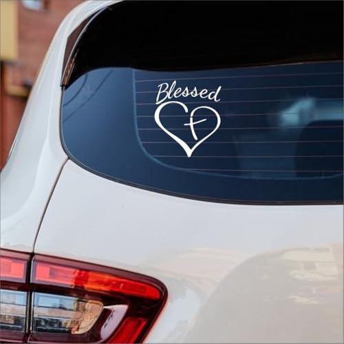 Image of AS Blessed Cross and Heart Christian Vinyl Decal Sticker | White 5.5x4.5 Inches |Cars, Trucks, Laptops, Tumblers, Walls, and Windows | Bumper Sticker and Decal for Vehicles and Accessories