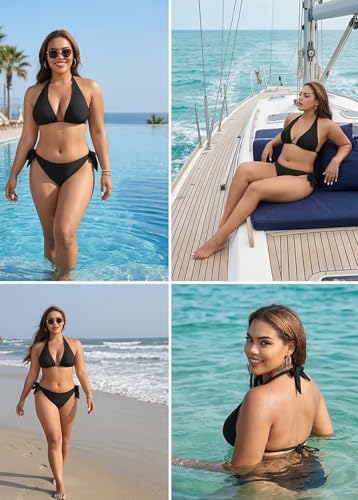 Image of Women Plus Size Bikini Set Two Piece Sexy Swimsuit Tie Side Halter Bathing Suits