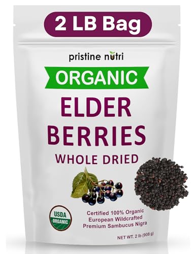 Organic Elderberries Dried Bulk | Whole European Elderberry Dried, Wildcrafted All Natural | Non-GMO, Non-irradiated | Immunity Booster Antioxidants and Vitamins | Make Syrup, Tea| 2 lb (32 oz)