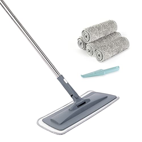 CUSWARE 43cm Breite Wischmopp, Flacher Bodenwischer mit 4 Mikrofasertuch, 360°Wischer Boden Höhenverstellbar, für Hartholz, Laminat, Fliesenboden Cover