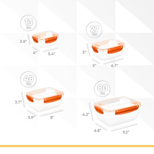 Image of Superio Plastic Airtight Food Storage Containers, Set of 4 Sealed Clear Container Bowls with Lids, BPA Free, Rectangular, Orange