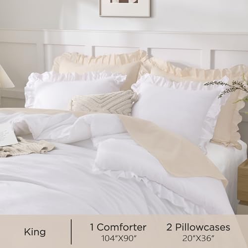Image of Andency King Size Comforter Set White, 3 Pieces Ruffle Farmhouse Shabby Chic Bedding Comforters & Sets, All Season Western Rustic Home Decor Soft Down Alternative Bed Set Gift for Girls Women