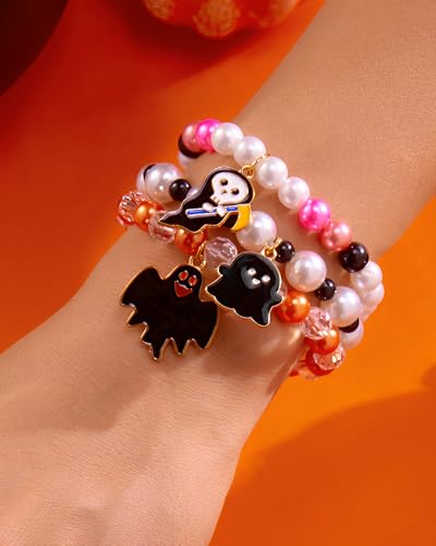 Halloween Bracelets for Women Spooky Ghost Black Bat Charm Bracelets Stackable Black and Orange Beaded Brace-lets Halloween Costume Jewelry Accessories for Cosplay3