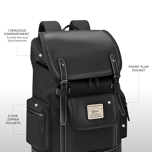 Image of Gear Classic 16.5 inch /21L Medium Water Resistant Faux Leather Anti Theft Knapsack | Laptop Bag | Casual Bag | Travel Bag for Men /Women (Black - Black)