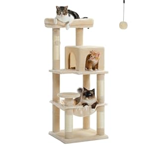 PETEPELA 45.7″ Cat Tree for Indoor Cats, 5-Level Cat Tower for Large Cats with Metal Frame Large Hammock (17.3″x15.3″), Cat Condo with (18.5″x13″) Big Top Perch & 4 Sisal Covered Scratching Post Beige