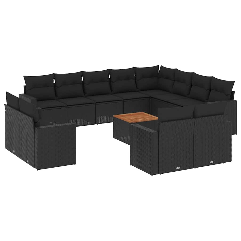 Set da 13 pezzi in polyrattan con cuscini, divano da giardino modulare in rattan sintetico nero, con piano in legno di acacia e rivestimenti sfoderabili e lavabili