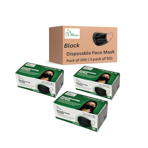 Med360 Pharma 300 Pack Black 3 Ply Disposable Face Mask, Breathable Non Woven Layers Soft Earloop, Comfortable Fit for Adults Daily Use Face Cover