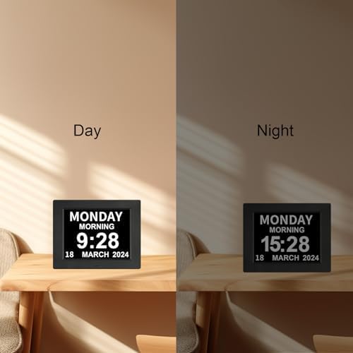 Miniatura 6 de Reloj digital con calendario de día, 5 despertadores y 3 recordatorios de medicamentos, extra grande de 8 pulgadas, no abreviado, fecha, mes,